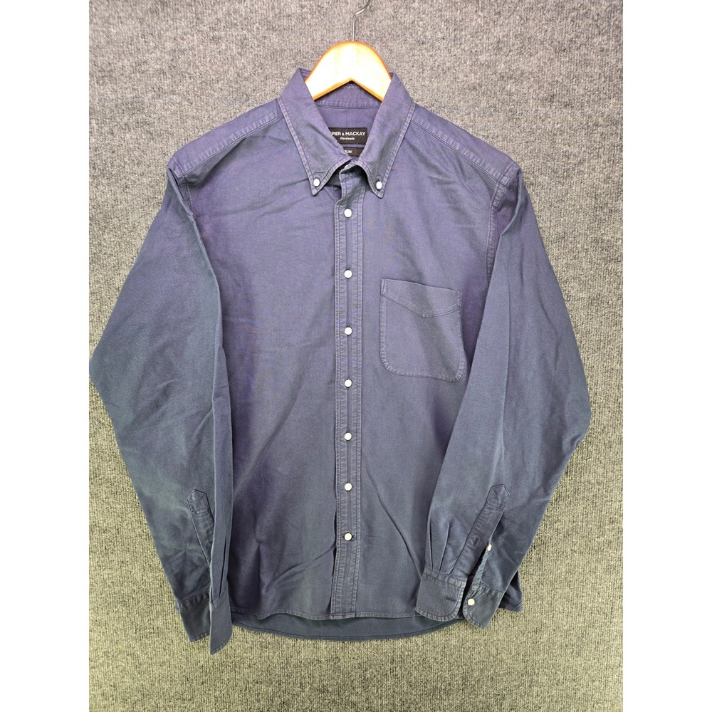 Spier & Mackay Mens Slim Fit Button Down Shirt Navy Blue Cotton Twill Size L